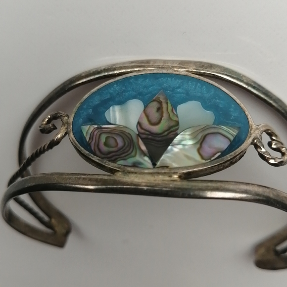 Vintage Alpaca Mexico Abalone Inlay Floral Cuff Bracelet - Picture 4 of 7
